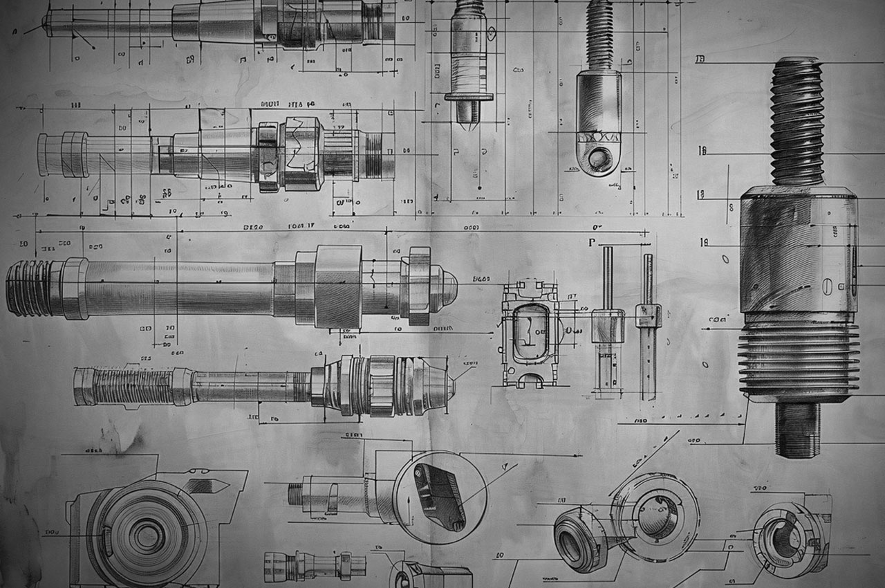 A technical drawing of screws and engineering parts