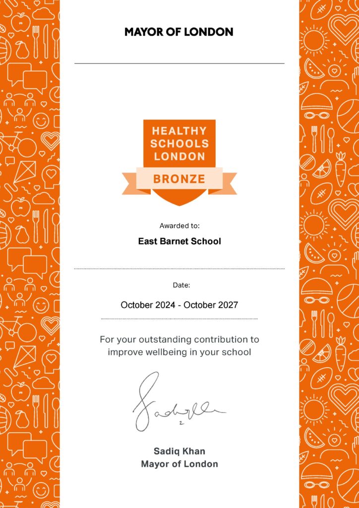 Certificate from East Barnet School from Health Schools London