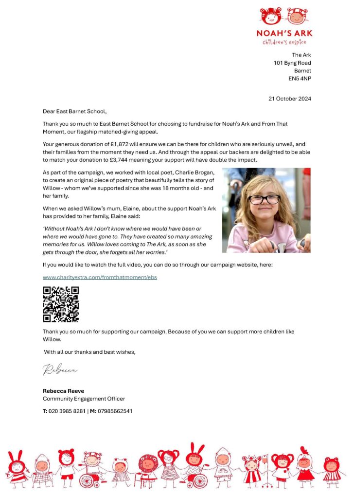 a letter to thank East Barnet School for their support in fundraising for Noah's Ark